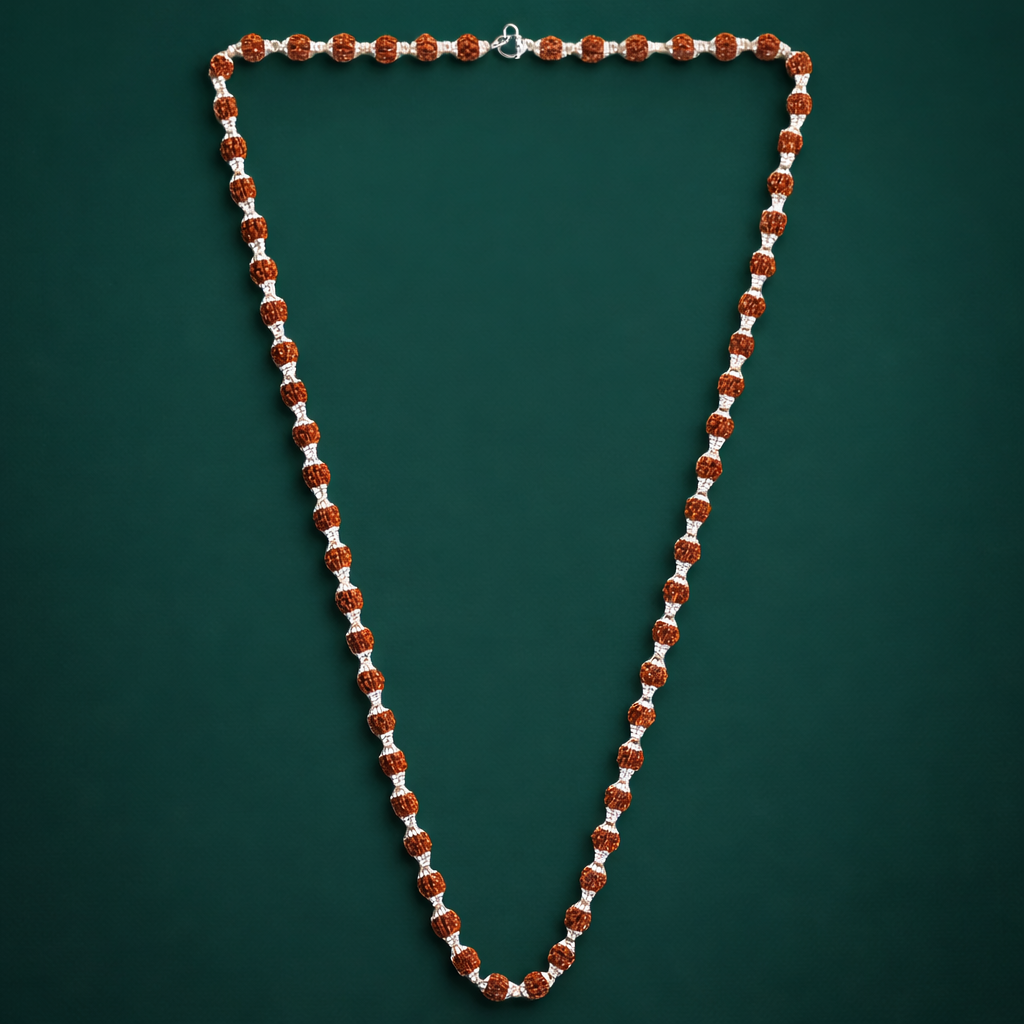 5 Mukhi Rudraksha Silver Mala With 54 Beads (Unisex)